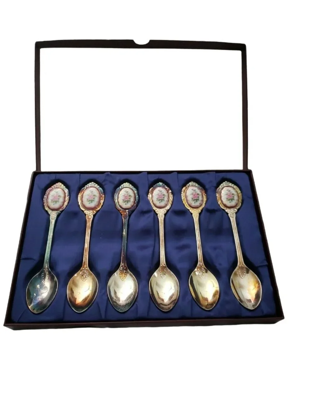 Victorian Chic 6 Floral Medallion Silverplate Teaspoons in Silk Lined Box NOS